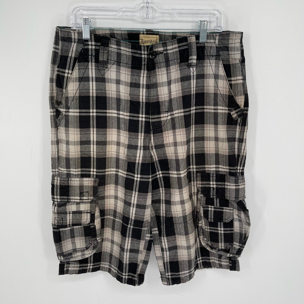 Roebuck & Co Men's Black Plaid Cargo Shorts Size 34